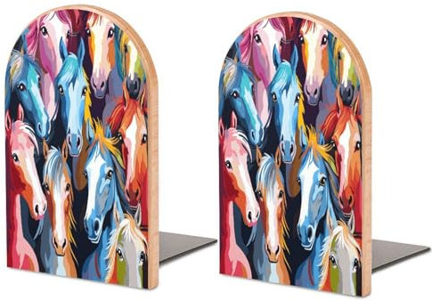 Buchstützen für Regale, Buchstützen für schwere Bücherhalter für Büro, Zuhause, Bibliothek, Buchstützen, strapazierfähig, bunt, Cartoon-Pferde-Druck, Bücherregal