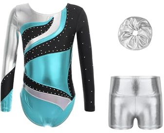 Oyolan Mädchen Turnanzug Glänzende Gymnastikanzug Langarm Ballett Trikot mit Kurz Hose Haarband Wettkampf Tanzkostüm Blau und Silber 170