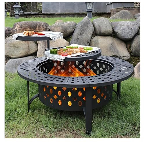 QAZMLP Fournitures de Jardin Foyer d'extérieur à Bois avec Couvercle, Couvercle étanche, Barbecue, Table Ronde en métal, 2 grilles, 36 Chauffage extérieur