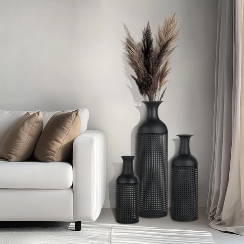 Sziqiqi Bodenvase Groß Schwarz Hohe: Extra Große Bodenvasen für Wohnzimmer 68/51/41cm - Metall Dekorative Bodenvase Set von 3 - Modern Oversized Bodenvase für Schlafzimmer Küche Kamin Ecke