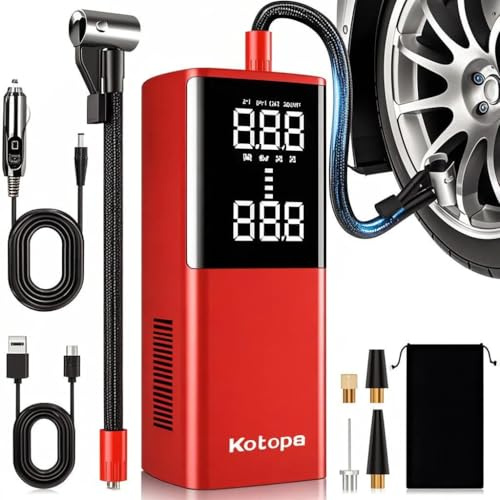Elektrische Luftpumpe, 150 PSI Akku Luftpumpe, Wiederaufladbare Luftkompressor mit 4 Adapter für Auto/Motorrad/Fahrrad/Ball, Fahrradpumpe mit LED-Licht & Powerbank für Reise, Camping (Rot)