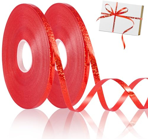 Annickee Nastro Regalo, 2 x 50M Nastro per Palloncini Lucido, 5mm Nastri per Pacchi Regalo, nastro Arricciato Oro, nastro per Regali Natale, Nastri per Matrimonio, Fiorista, Feste, Pasquali (Rosso)