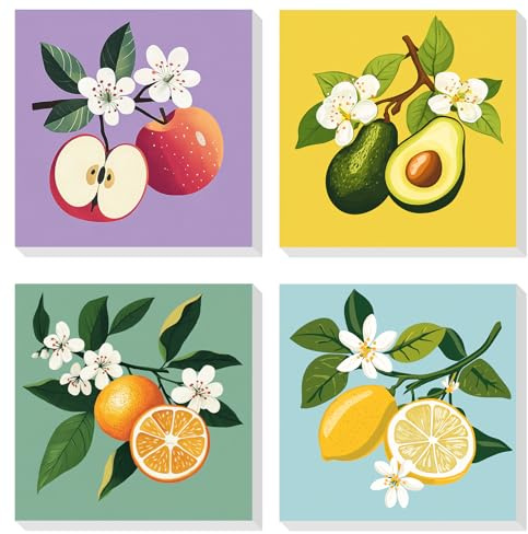DOMROM Paint by Number for Adults Framed Canvas, 4 Pack Paint by Number Kits Fruit Arts and Crafts for Adults Beginner, Easy DIY Acrylic Oil Painting Number Kits for Home Wall Decor(8X8inch)