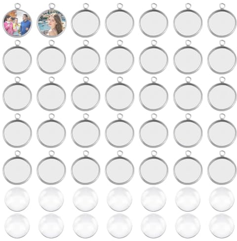 UNICRAFTALE 200 Stück 100 Sets Flache Runde Cabochon Anhängerrohlinge Kuppelfassungen Charms 12mm Tablett Edelstahlbasis Cabochon Charms Mit Glascabochons Für Die DIY Schmuckherstellung