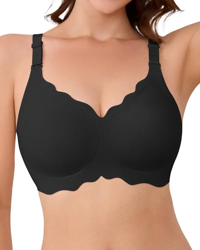 SHARICCA Glatter BH Damen Ohne Bügel Tiefem V-Ausschnitt Push Up BHS Bralette Soft Bequem BH Bügellos Bustier(Schwarz-1P02-L)