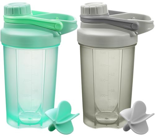 Alaoo Botella Mezcladora, 500ML 2PCS Vaso de Batido de Proteína en Polvo con Bola Mezcladora, Coctelera de Proteínas a Prueba Fugas para Fitness, Deportes, Gimnasio, Botellas de Bebidas (Gris+Verde)