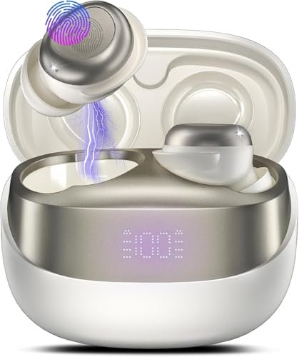 DUSONLAP Wireless Earbuds, Mini Sleep Earbuds Bluetooth 5.4 Headphones In Ear Noise Cancelling Mic, 47H Playtime Ear Buds, IPX7 Waterproof Earphones, LED Display, Touch Control, USB-C, Off-White