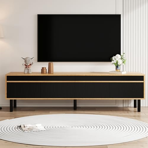 FammyLoft 170cm TV Lowboard mit 3 Türen, Stilvolle TV Schrank, Fernsehschrank für Fernseher 65 Zoll, Fernseher Schrank für Wohnzimmer, Schwarz und Naturholz