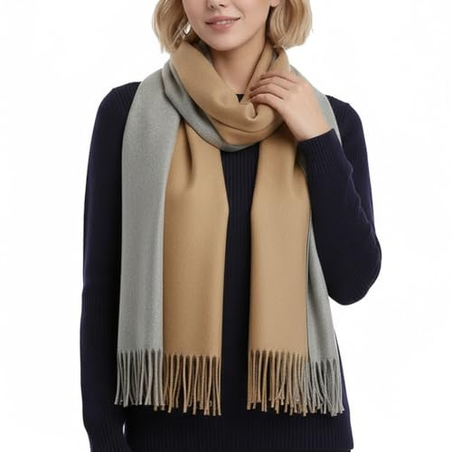 PFLife Sciarpa Lana Donna 200×70 cm Effetto Cachemire Calda Morbida Oversize Reversibile Con Frange Scatola Regalo (Beige Grigiastro)