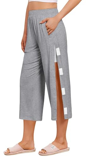 Deyeek Women's Tear Away Capri Sweatpants Post Knee Ankle Hip Replacement Surgery Pants Breakaway Adaptive Sweatpants Light Grey
