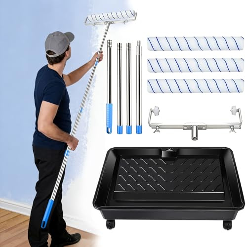 Orifesio 18 Inch Paint Roller Set, 3 Large Paint Rollers with Extension Pole, Roller Tray with Wheels & 12-18 Adjustable Roller Frame, Long Handled Roller for Painting Ceilings Walls