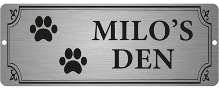 Personalised Dog Den Sign – Brushed Aluminium 20x7.5cm – Custom Pet Name Metal Plaque with Holes – Outdoor Weatherproof Sign