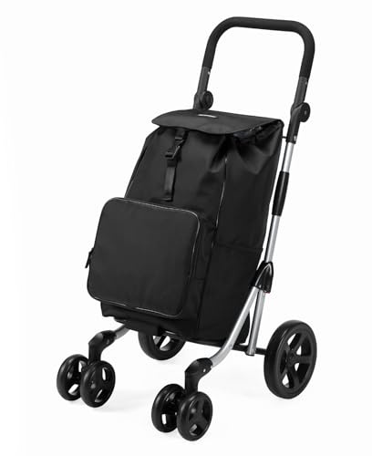 Packaway Einkaufstrolley mit 4 Rädern – Deluxe Einkaufswagen mit Kühlfach & verstellbarem Griff – 60 Liter – Schwarz – Faltbarer Einkaufsroller mit großer Tasche