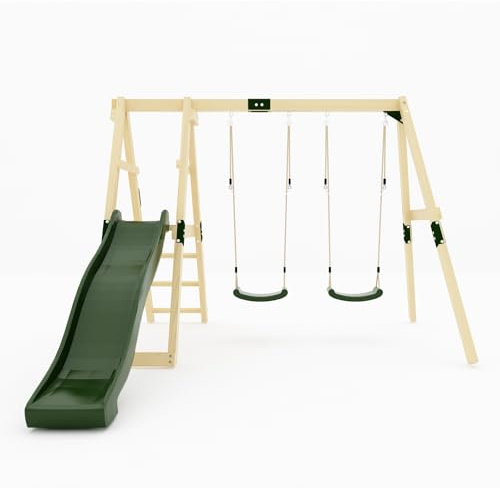 GALACTICA Outdoor Wooden Swing and Slide Set for Kids, Garden Swing with 2 Adjustable Seats, Sturdy Weather-Resistant Frame, Backyard Playground for Toddlers and Children