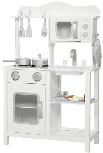 AIYAPLAY Cocina de Juguete de Madera con Sonido Cocinita Infantil con Accesorios, Fregadero, Microondas y Fogón, Juguetes para Niños Desde 3 Años, 55x24x86 cm, Blanco