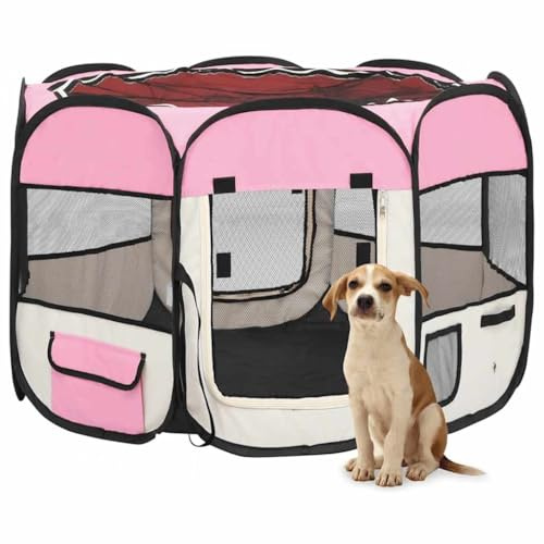 Nqyjm Faltbarer Welpenlaufstall mit Tragetasche Rosa 90x90x58 cm Welpenlaufstal, Welpenauslauf für Haustiere Hund Katze