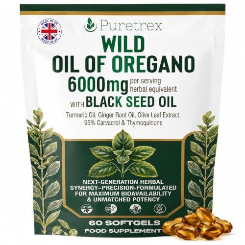 PURETREX Wild Oregano Oil 60 Softgels – Made in UK 6000mg with 95% Carvacrol, Black Seed Oil, Turmeric & Ginger, High Potency Herbal Formula for Immune, Gut & Respiratory Support