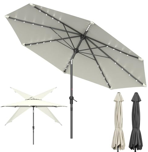Lointain Sonnenschirm 300cm mit Beleuchtung Solar, Kleiner Balkonschirm Kippbar 45° ohne Ständer Windfest UV-Schutz, Gartenschirm Marktschirm Terrassenschirm Kurbelschirm Sonnenschutz (Beige)
