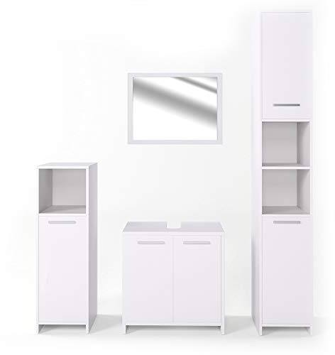 Vicco Badmöbel-Set Kiko, Weiß, 58 cm | besteht aus Waschbeckenunterschrank, Spiegelschrank, Hochschrank und Midischrank