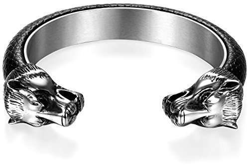 JewelryWe Schmuck Herren Armreif, Gegenüber Wolf Wolfskopf/Drache Drachenkopf Biker Offen Armband Wikinger Armspange, Edelstahl Leder, Schwarz Silber