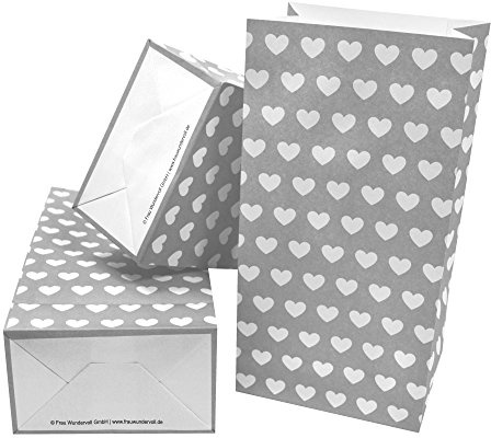 Frau WunderVoll® 12 PAPIERTÜTEN MIT Boden GRAU, Herzen 12x7x24cm / Blockbodenbeutel, Tüte, Papierbeutel, Papiertüte, Geschenktüte, Geschenkbeutel, Gastgeschenk, Hochzeit, Mitgebseltüte, Falttasche