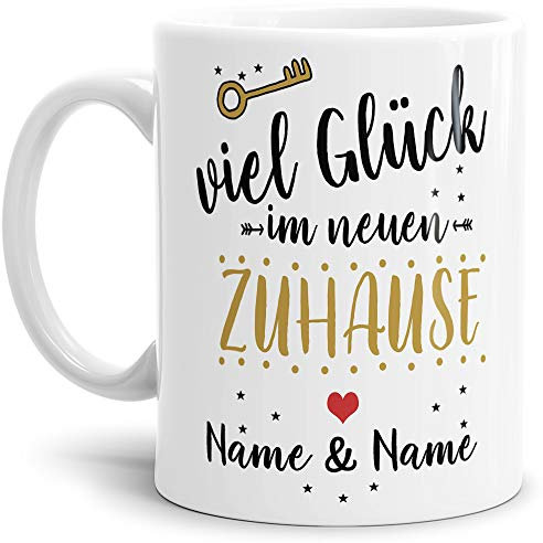 Tasse mit Spruch Viel Glück - Weiss/Zuhause/Eigenheim/Geschenk-Idee/Personalisierbar/Individuell