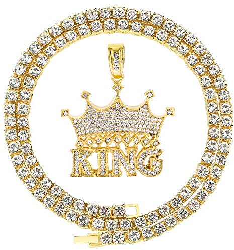 HH BLING EMPIRE 14k Gold Silver Plated Hip Hop Rapper Pendant Chain Necklace for Men, Iced Out Diamond King Crown Pendant with 5mm Tennis Chains 22 Inch (Crown-Gold,& Tennis)