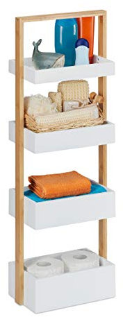 Relaxdays 10031461 Badregal, 4 Ablagen, Bambus & MDF, Badezimmer Aufbewahrung, schmales Ablageregal HBT 88x30x18 cm, weiß/Natur
