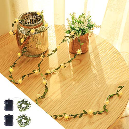 Vigdur 2PACK Vine - Fairy String Lights,Tiny Leaf-Garland with White Flower Battery Powered Light for Indoor Outdoor Christmas Party Wedding Garden Décor,Total 15.2FT with 50LEDS