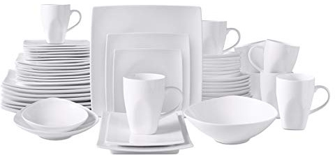 HomeVss, Service de table 51 pièces en porcelaine anglaise de forme carrée Blanc