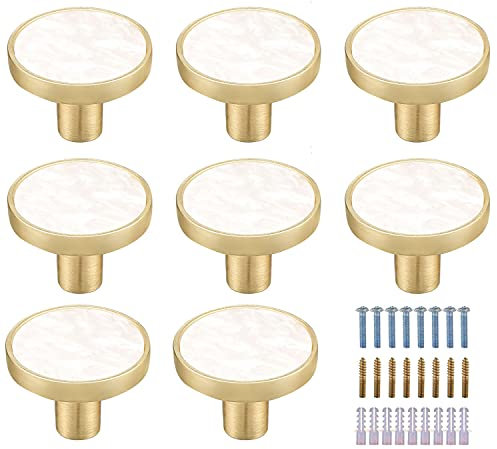 Kyrio Lot de 8 boutons d'armoire ronds en laiton marbré et blanc - Poignées de tiroir décoratives blanches - Boutons de commode, de commode, de meubles de cuisine, crochets à vêtements (8, style A)