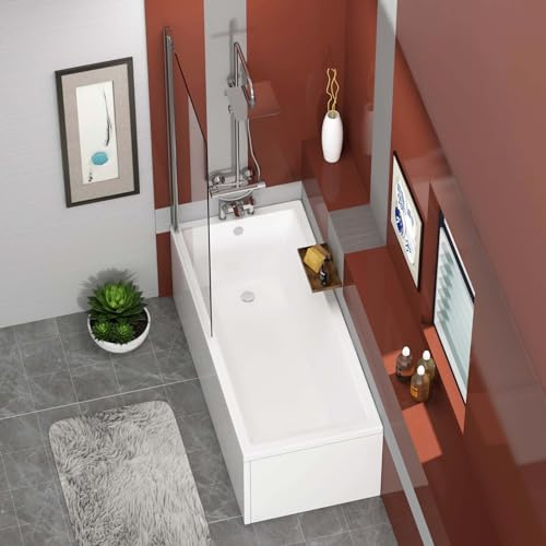 Cesar 1500 x 700mm Designer Single Ended Square Edge Acrylic Bath + Bath Square Screen with Front & End Panel Straight Bathroom Bathtub