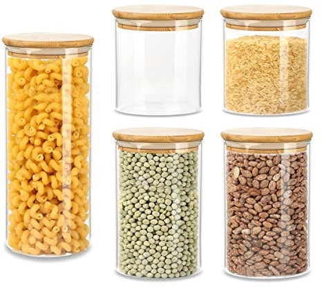 Schramm® Vorratsgläser Set 5-tlg. mit Bambus Deckel in 5 verschiedenen Größen Vorratsdosen stapelbar luftdicht Vorratsglas Aufbewahrungsglas