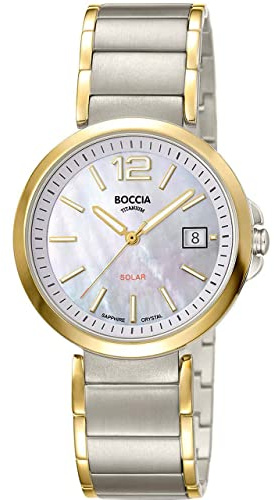 Boccia Solar Damen Armbanduhr mit Gehäuse aus Titan, in der Farbe, Silber, Armband aus: Titan, Gehäusedurchmesser: 35 mm, 3332-02