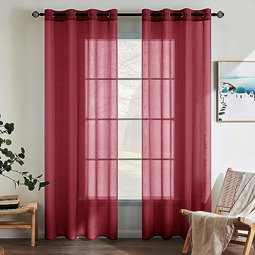 EMEMA Gardinen mit Ösen 2er Set 215cm Lang Rot Vorhang Voile Vorhänge | Vorhang mit Ösen Transparente Polyester Ösenschal Transparent Wohnzimmer Luftig Dekoschal für Schlafzimmer B140 X H215cm