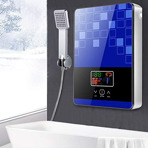 LENJKYYO Scaldabagno elettronico istantaneo, acqua calda elettrica istantanea per bagno, scaldabagno 6,5 kW 200 V, set doccia con display digitale, temperatura di uscita precisa (blu)