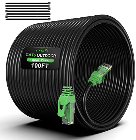 100FT Cat6 Outdoor Ethernet Cable, In-Ground, Heavy Duty Direct Burial, 24AWG CCA Patch Cord for Laptops, PCs, Routers, Printers, Surveillance Camera, PoE, UTP Cat 6 Internet Cable with 25 Cable Ties