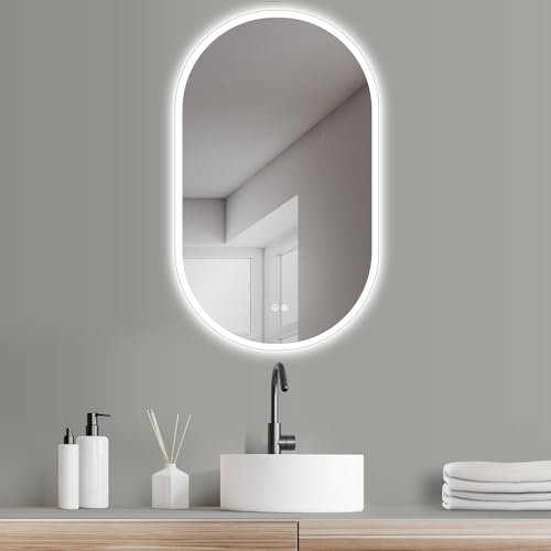 HOKO Design LED ANTIBESCHLAG Badezimmer Spiegel oval 45 x 75 cm. HOCH + QUER Montage möglich. Badspiegel LED beleuchtet. Mit 2 Touch Schalter + LED Licht Wechsel - Warmweiß - Kaltweiß - Neutral
