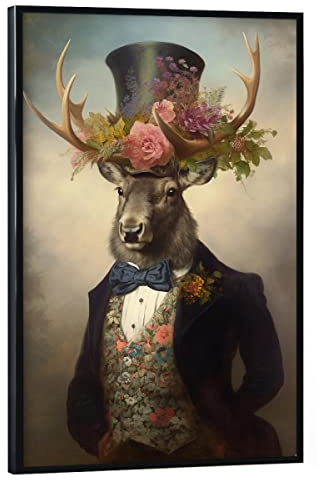 artboxONE Poster mit schwarzem Rahmen 90x60 cm Tiere Gentleman Hirsch mit Blumen - Bild Hirsch Blume Blumen