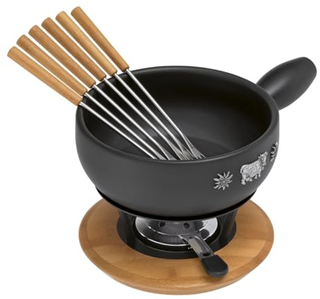 KUHN RIKON Käsefondue-Set aus weißem Ton, 23 cm, inklusive 6 Gabeln mit Bambusgriffen, geeignet für alle Herdarten (auch Induktion), perfekt für Partys, entworfen in der Schweiz