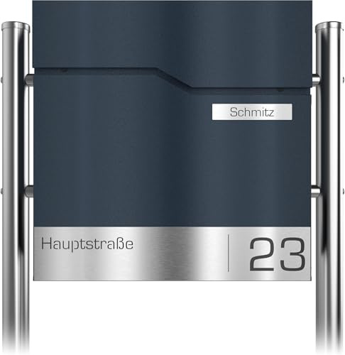 Graviers Design Briefkasten freistehend in Anthrazit RAL 7016 mit Standfuß - Postkasten personalisiert Edelstahl Namen Schild Straßenname Hausnummer - Briefbox mit Schloss Zeitungsfach