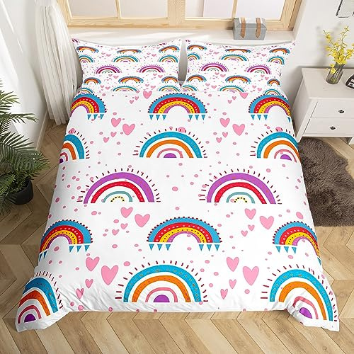 Loussiesd Juego de funda de edredón con diseño de arcoíris de dibujos animados, funda de edredón de arcoíris rosa para niños pequeños, funda de colcha colorida de arco iris, decoración de habitación
