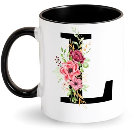 Initiale Tasse Personnalisée avec Motif Fleurs - Mug à Café Alphabet en Céramique Noir - Cadeau pour Femme, Ami, Maman, Collègue - Anniversaire, Fête des Mères (L)