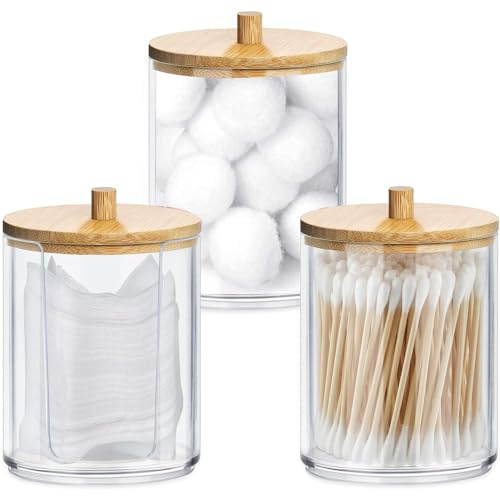 Puedno Acryl Wattestäbchen Halter, 3 Stück Transparente Wattepadspender mit Bambus Deckeln, Wattestäbchen Behälter, Wattepads Aufbewahrungsbox für Schlafzimmer Badezimmer