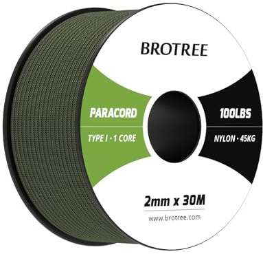 Brotree Paracord 2mm 30M Cuerda Nylon 1 Hebra Cuerda Paracaídas Tipo I para Exterior, Pulseras, Bricolaje - 45 kg Carga de Rotura (Ejército Verde)