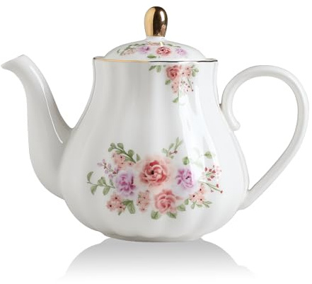 Sweejar Home Porzellan-Teekanne mit Teesieb und Deckel, Teegeschirr mit Filter, 890 ml, für Tee/Kaffee/Milch/Frauen/Büro/Zuhause/Geschenk (Kürbisform, Rosenblume)