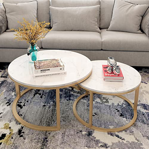 Couchtisch-Set aus Marmor, modernes, rundes Satztisch-Set mit 2 Sofatischen für das Wohnzimmer, Konsolentisch-Set mit rostfreiem, stabilem Metallrahmen für Schlafzimmer, Wohnzimmer, Home-Off