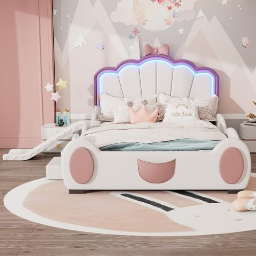 Sapgaks Lit Enfant 140x200cm avec lumière LED changeant de Couleur et télécommande,Cartoon lit d'enfant avec équipé d'un Toboggan et d'une échelle,lit 140x 200 avec sommier,PU,Rose + Blanc