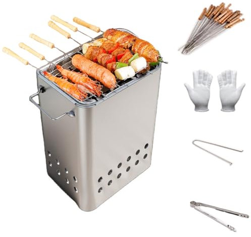 Gril suspendu pour barbecue carré sans fumée, ensemble de gril à charbon portable avec 26 brochettes, gants, pinces, filet à griller, poignée de seau à charbon, gril suspendu pour barbecue de voyage