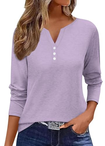 Minetom Camiseta para mujer, cuello en V, con botones, elegante, manga larga, básica, monocolor, camiseta de manga larga, A Lila, L